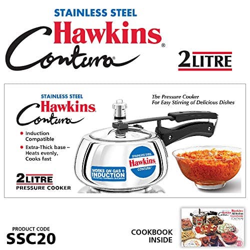 Hawkins 2 Litre Contura Pressure Cooker, Stainless Steel Inner Lid Cooker, Induction Cooker, Silver (SSC20) 2