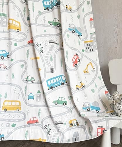 Tranquebar Curtain Co. Kids Room Curtain, Cotton Curtains, 60-65% Room Darkening, Multicolor Vehicles Print, Window Curtains 5 Feet, BackTab Loops, Design Zoom (152 cm) - Set of 2