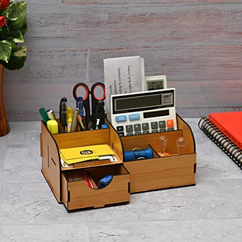 Gift Kya De GKD Desk Organizer Multifunctional Office Table Accessories, Stationary Organizer 9 compartment wooden desk organizer with drawer (Bamboo Eco-friendly)
