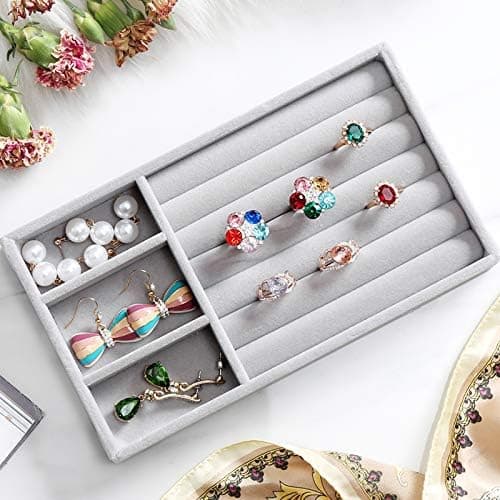 XERMI 4 Jewellery Trays Velvet Jewellery Organiser Drawer Removable Jewellery Storage Stackable Drawer Insert for Women Girls Ring Display Organiser Jewellery Box Jewellery Box (Grey) 2