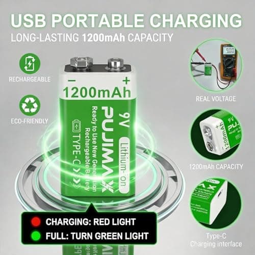 PUJIMAX 9V Rechargeable Lithium Battery 1200mAh — High‑Capacity 1200 Cycles with USB‑C Charger Cable, Long Life, 10‑Year Shelf Life, Reliable Output — 1‑Pack 3