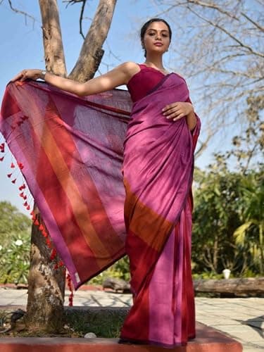 BEAUTY SAREE Women Cotton Saree With Blouse Piece., Multicolor 5.5 Meter With Running Blouse (PINK-BROWN) 2
