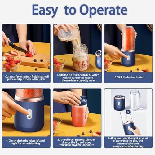 H-Duka Portable Blender Electric Juicers Fruit Mixers USB Rechargeable Smoothie Mini Personal Juicer 6 Blades 3Gears With 1500 Mah Rechargeable Battery (Blue) (Blue) 4