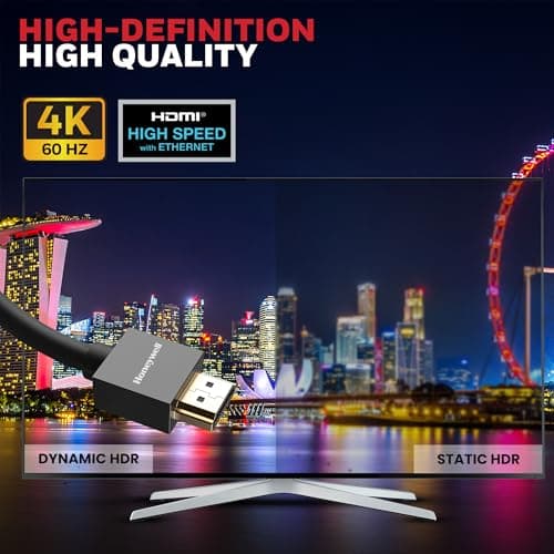 Honeywell HDMI Cable v2.0 with Ethernet, 3D/4K@60Hz Ultra HD Resolution, 1 Mtr, 18 GBPS Transmission Speed, High-Speed, Compatible with all HDMI Devices Laptop Desktop TV Set-top Box Gaming Console 5