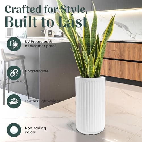 YUCCABEE Italia Fox B KIA Tall Floor Planter 24 Inch Premium German Polymer Indoor Outdoor Plant Pot Raised Base Lightweight UV Protected Modern Round Planter White 5