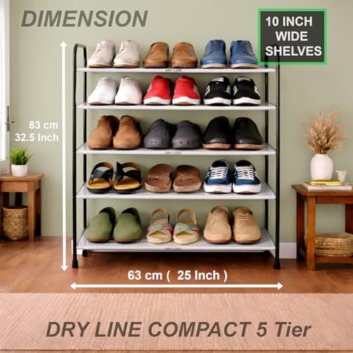 DRY LINE 5 Tier Metal Shoe Rack Heavy Duty Powder Coated | Compact Perforated Chappal Stand Organizer for Home Office | Made in India (Black) 3