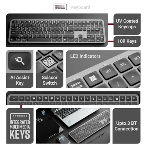 Zebronics Wireless Keyboard & Mouse Combo, 2.4GHz + Multi BT Toggle, Scissor Switch, Mac & Win Toggle, UV Coated Keys, Multimedia Keys, Upto 1600DPI, Type-C Charging, High Precision (Companion 5002) 3