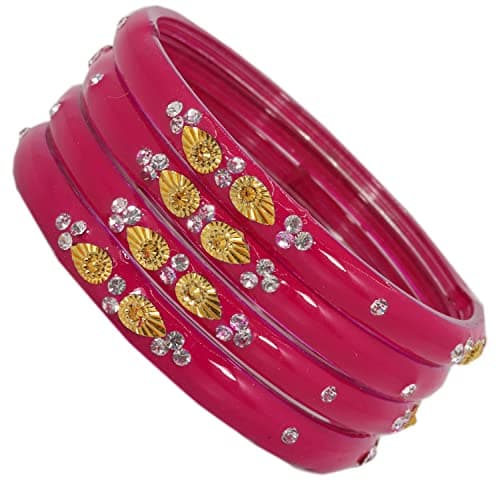 NMII Glass with Zircon Gemstone and Beads Studded Glossy Finished Kada For Women and Girls, Pack of 4, (Magenta_2.6 Inches) 2