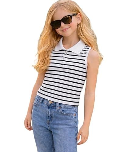 Ninas Girls Ribbed Sleeveless Top with Collar | Summer Outfit (11-12 Years, Black&White)