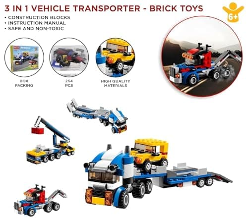 Umadiya® Architect 3 in 1 Jeep, Car & Truck Vehicle Toys | Transporter Building Brick Block for Kids | Stem Educational Learning Die Toys for Kids | Creative Construction Toy (264 Pcs) 2