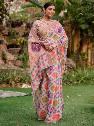 SIRIL Women's Cotton Linen Bandhani Printed Saree with Unstitched Blouse Piece (5277S757_Peach) 4
