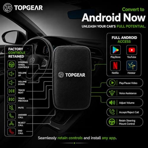 TOPGEAR Ai Box for AA | Carlink | Android Converter | Picasso | Smart Car Media Box | for Wired Android Auto Cars Only | 16GB Storage | Plug & Play AA Protocol Adapter | Upgrade Your Car Infotainment 5