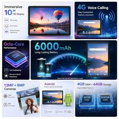 IKALL N19 10.1-Inch Android Tablet | Fast Octa-Core Performance | 4GB RAM, 64GB ROM | 13MP Rear + 8MP Front Camera | Long-Lasting 6000mAh Battery | WiFi & 4G Calling – Gray 4