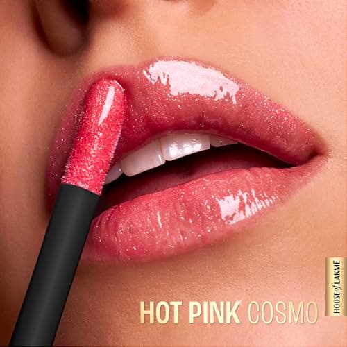Lakme Glitterati Lip Glaze, for Plump and Shiny Lips, with Vegan Collagen and Crystal Technology, Non-Sticky Formula, Glitter Infused, Delicious Coconut-Vanilla Scent, 203 Hot Pink Cosmo 5ml 5