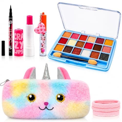 Kids Makeup Kit for Girls with Unicorn Pouch – 18 Color Eyeshadow Palette, Lipstick, Lip Gloss, Eyeliner Kajal & Hair Bands – All in One Cute Makeup Accessories Set for Kids, Teens & Beginners