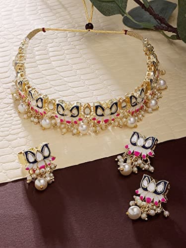 ZAVERI PEARLS Blue & Pink Meenakari Lotus Design Choker Necklace Earring & Ring Set For Women-ZPFK14435 3