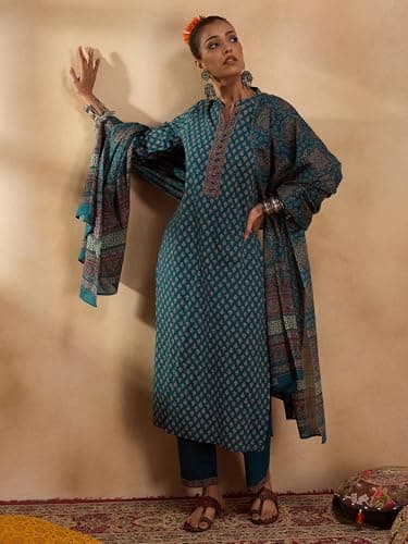 INDO ERA Women's Teal Pure Cotton Ethnic Motif Printed Straight Kurta & Pant with Dupatta Set (KH0TL5483_X-Small) 5