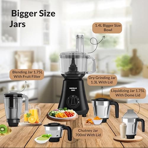 Havells Foodo 750 Watt Mixer Grinder with 5 Jars | Includes Food Processor Jar with Dual Pusher | 14-in-1 Functionality | Rust-Resistant 304 SS Blades | Storage Box | 5-Year Motor Warranty (Black) 3