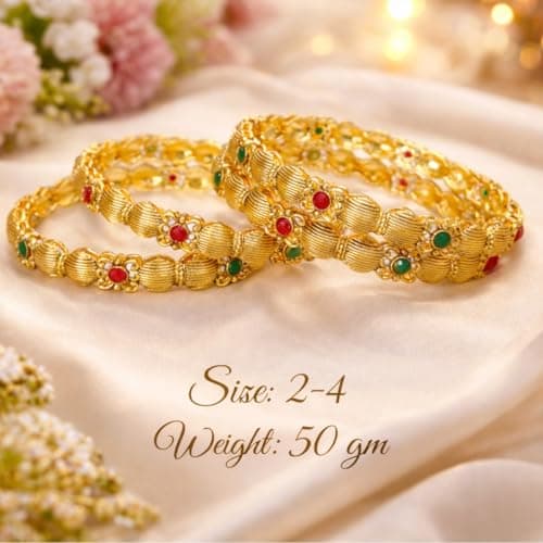 ACCESSHER Gold Plated Pink & Green Artificial Stone-Studded Bangles for women and girls (Set of 4) (2.6) 6