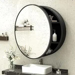 iSTAR Round Bathroom Mirror Cabinet with Storage, HD Silver-Coated Wall Mounted Mirror with Shelves for Bathroom & Washroom (Black)