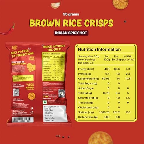 Asmita Organic Farms Brown Rice Popped Crisps (55g, Pack of 3) | Not Baked, Not Fried | Low Fat, High Fiber, with Foxtail Millet | Healthy, Low-Calorie, Popped Snack | Indian Spicy Hot Flavor, Guilt-F 2