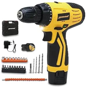 Tomahawk T7385 12V Cordless Drill/Screwdriver Kit | 10mm Keyless Chuck | 2-Speed 350/1350 RPM | Double Battery | LED Light, 28Nm Torque | With Bits, Sockets & Flexible Shaft for DIY & Home Use