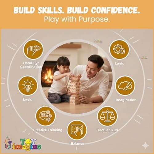 Toy Imagine 54 Pcs Wooden Tumbling Tower Game – Indoor Stacking Puzzle Blocks for Kids, Adults & Families – Fun Balancing Toy for Boys & Girls of All Ages – Party Game & Brain Teaser 4