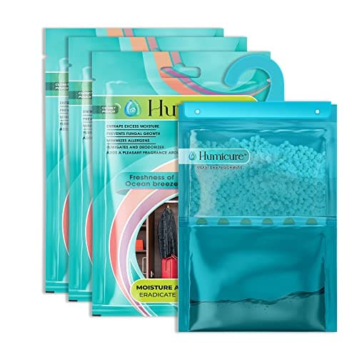 Humicure Moisture Absorber Dehumidifier Hanging Bags With 1 Litre Absorption Capacity For Wardrobe, Bathroom, Kitchen, Bedroom; Prevents Mould & Fungus (Pack of 3, 400gram each, Ocean Breeze), Blue