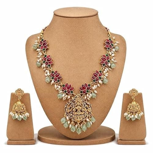 Visaga Aura Traditional Gold Plated Guttapusalu Necklace Set with Lakshmi Pendant,Lotus Design & Pearl Drops for Girls and Women | South Indian Temple Style Imitation Jewelry 4