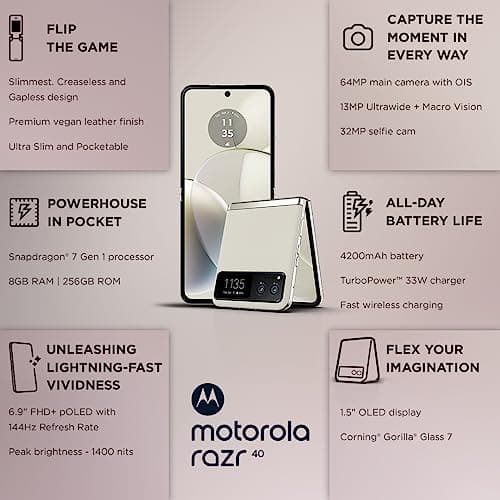 Motorola razr 40 (Vanilla Cream, 8GB RAM, 256GB Storage) | External AMOLED Display | 6.9" AMOLED 144Hz Display | 64MP Main Camera | Android 13 5