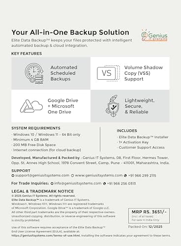 Elite Data Backup – Automatic Cloud Backup Software for Windows | Backup to Google Drive & OneDrive | Ideal for Tally & Accounting Data | 1 User 1 Year | License Key via Email | India's No 1 Backup So 2