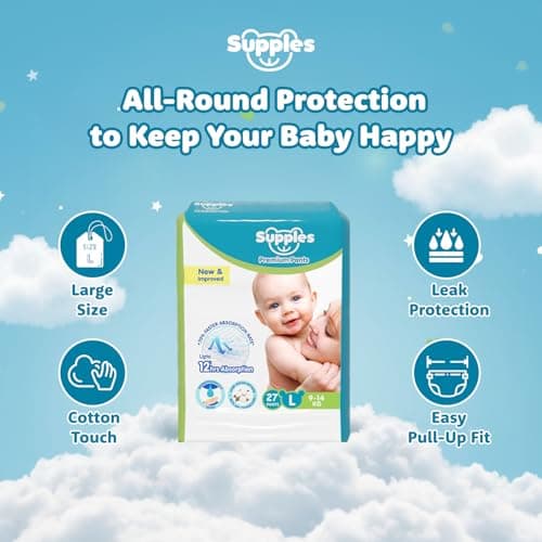 Amazon Brand - Supples Premium Diapers, Large (L), 27 Count, 9-14 Kg, 12 hrs Absorption Baby Diaper Pants 2