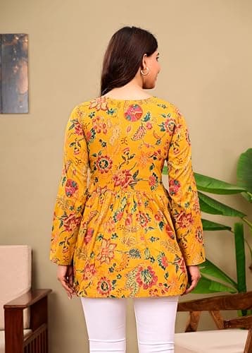 LABEL ADRIJA V Neck Anarkali Cotton Short Kurti for Women Full Sleeve Floral Print | Short Kurtis for Women on Jeans Yellow 5