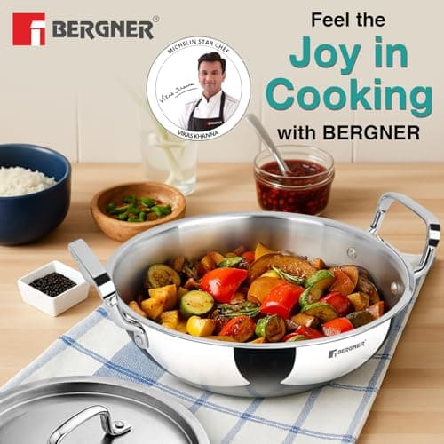 BERGNER TriPro Tri-Ply Stainless Steel 24cm (3 L) Deep Kadai/Kadhai with Stainless Steel Lid, Durable Stay Cool Handles, Healthy Cooking, Less Oil Use, Easy to Clean - Induction and Gas Stove Ready 2