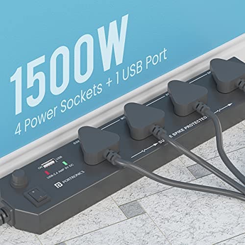 Portronics Power Plate 4 Extension Board with 4 Universal Sockets, USB Charging Port, 1.5 Meter Long Cord, 1500 Watts, Child Safety Shutter, 3 Pin Multi Plug for Home Appliances (Black) 2