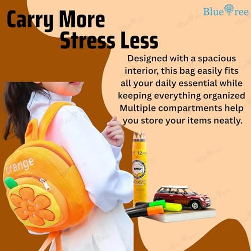 blue tree School Bag for Cute kids for (1-5 Years), Preschool Soft Plush Orange Bag for toddlers, Travel Animal Cartoon Backpack for Boys and Girls 4