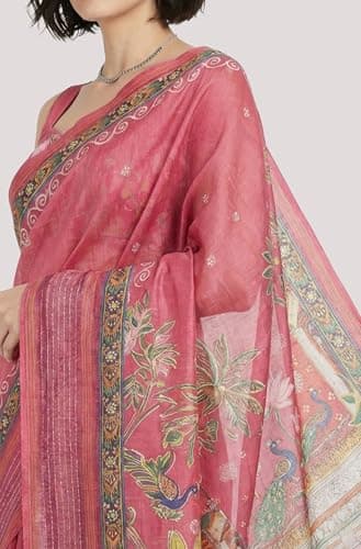 Janasya Women's Pink Silk Blend Ready To Wear Ethnic Motif Printed Saree With Unstitched Blouse 5