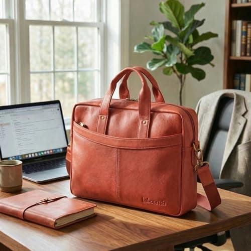 Labourish Genuine Leather Laptop Bag for Men, Vegetable-Tanned, Multiple Zipper Pockets, Adjustable Shoulder Strap, Classic Business Messenger Briefcase (Red) 5
