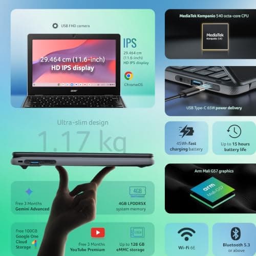 Acer Chromebook, MediaTek Kompanio 540 Octa-Core Processor, 4GB RAM, 64GB eMMC, Full HD, 11.6" inch Display, Chrome OS, Black, 1.2 KG, C725, Arm Mali G57 Graphics, WiFi 6E Laptop 2