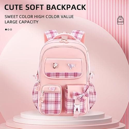 Shop Heaven Cute Bow Cartoon School Bag | 18-Inch College Laptop Backpack for Women & Teens | Aesthetic Pink Plaid Daypack with Zipper Pouch for Travel, Tuition & Coaching (PEACH) 4