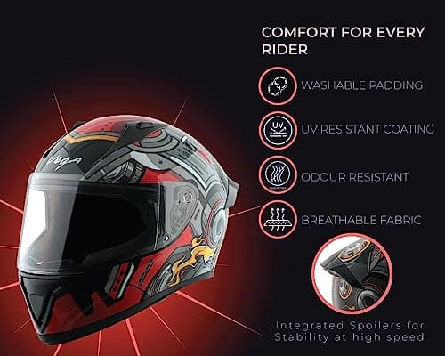 Vega Bolt Superhero ISI Certified Full Face Motorcycle Helmet with Impact Resistant ABS Shell High Density EPS Liner Scratch Resistant Visor Quick Release Buckle Comfortable Inner Padding Black Red He 5