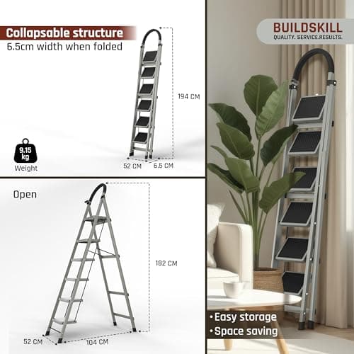 BUILDSKILL Ladder for Home 6 Steps Foldable with Built-in Tool Tray | Heavy Duty D Shape Rods | 20 x 30cm Large Platform | Wide Rubber Feet | Secure Lock | 150Kg Capacity - 5 Years Warranty 2