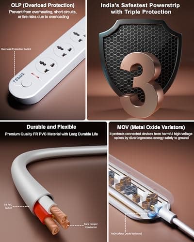 FEDUS Surge Protector, 4 Universal Sockets with Individual Switch, 2 Meter 6.5 Feet Long Cable, Extension Board Cord, Automatic Overload Protection, Fireproof Power Strip Switch Board, Spike Guard 5