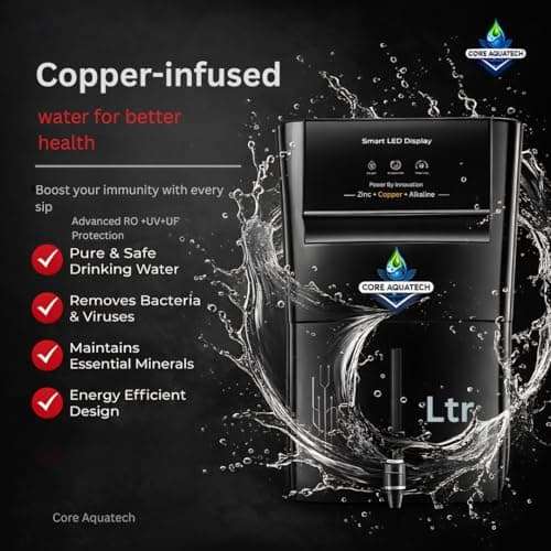 Core Aquatech Aroma RO Water Purifier | RO+UV+UF+Copper+TDS Control | LED Indicator | 12 Liters | 20LPH Flow | Ideal for Borewell, Tanker, Municipal Water .Black 4