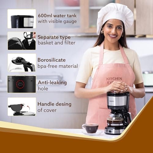 AGARO Royal 4 Big Cups Drip Coffee Maker, 600 Ml Borosilicate Glass Carafe Jar, 750W, Water tank with Level Indicator, Brewer Machine with Cone Filter, Auto Shut Off, Steel Body, Black & Silver 5