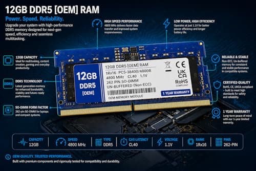12GB DDR5 4800MHz OEM Laptop RAM Compatible with RAMAXEL [Key Specs: PC5-38400/4800B | 262-Pin SO-DIMM | CL40 | 1Rx16 | 1.1V | Non-ECC] | 1 Year Seller Warranty 4