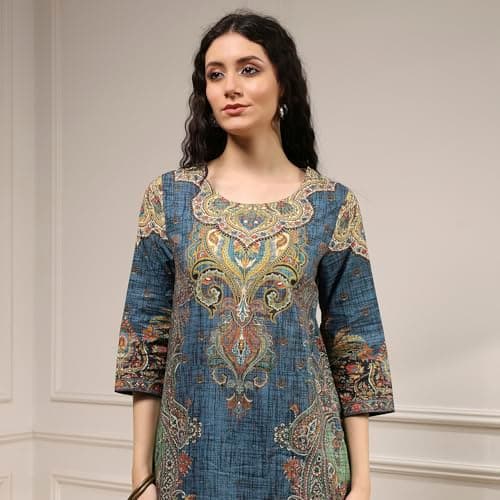 Biba Women Blue Cotton Straight Printed Kurta_40 6