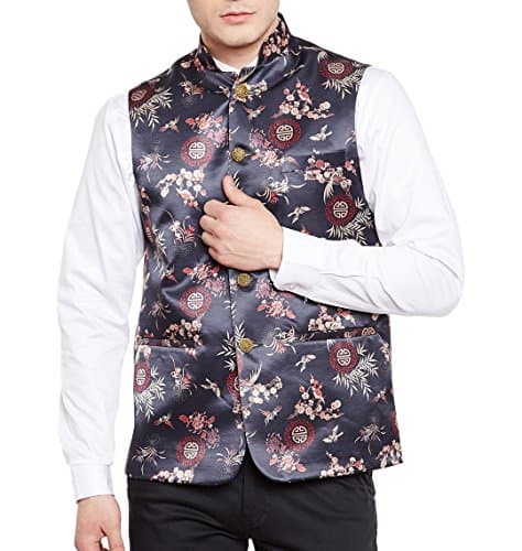 WINTAGE Men's Premium Rayon Grandad Printed Nehru Jacket Vest Waistcoat: L