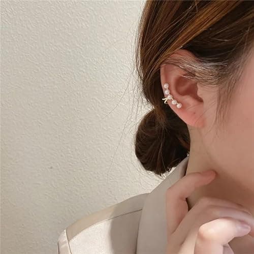 El Regalo 2PCs Tiny Pearl Cuff Cartilage Non-Pierced Clip On Earrings for Girls & Women- Vintage Pearl Clip Earrings (2 Silver) 4