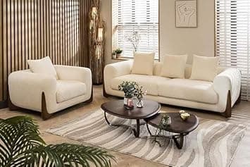 Modern Sofa Chesterfield Design with Stylish Wooden Legs Bouncy Teddy Fabric Off-White Finish Sofa for Living Room, Bedroom, Hallways (3+1 Seater)